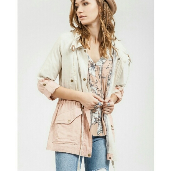 Blu Pepper Color Block Linen Light Pink Tan Utility Jacket Size Women Medium NEW - Picture 2 of 13